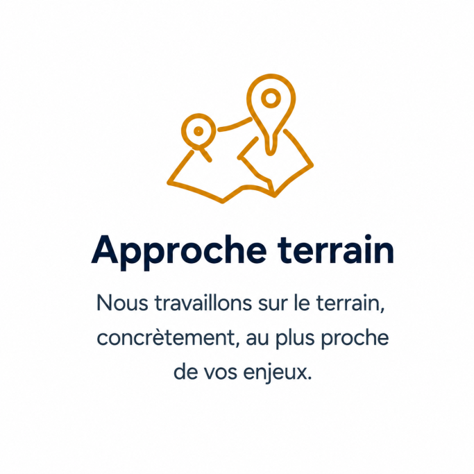 Approche commerciale terrain Pictogramme carte représentant une approche commerciale terrain, concrète et proche des enjeux de l’entreprise