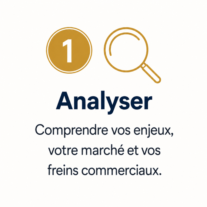 Analyser les enjeux commerciaux Pictogramme loupe représentant l’analyse des enjeux, du marché et des freins commerciaux d’une entreprise