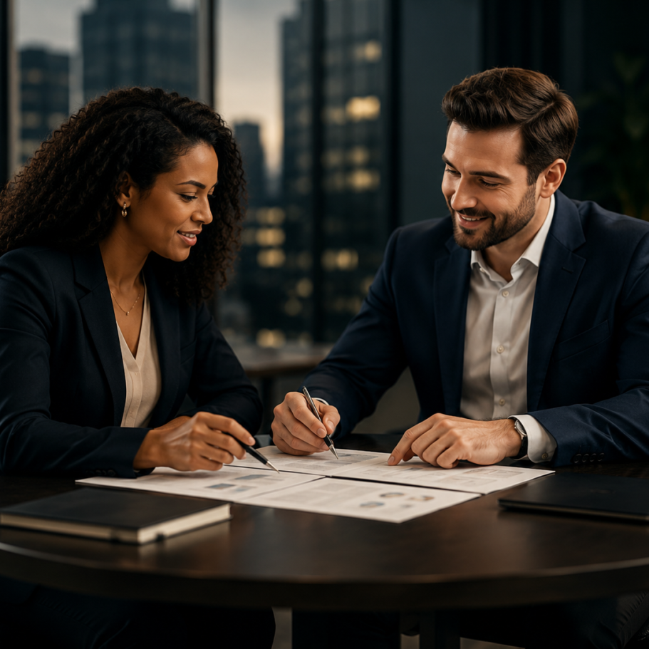 Actions commerciales concrètes ONYNE Rendez-vous professionnel entre deux personnes travaillant sur un plan d’action commercial concret avec audit, prospection, formation et sui