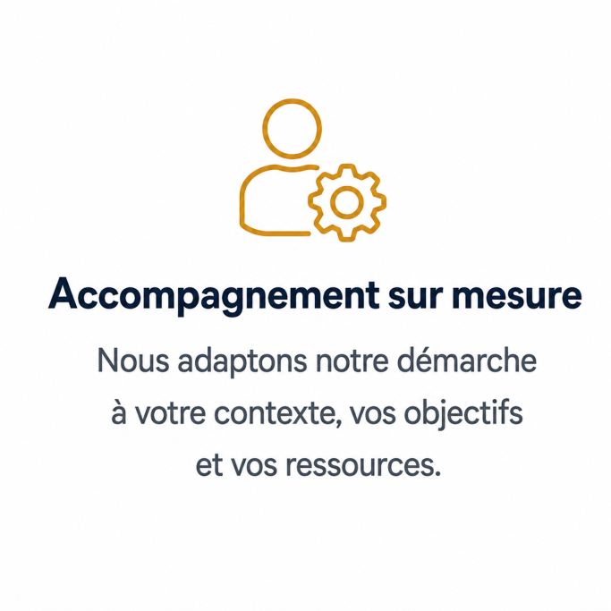 Accompagnement commercial sur mesure Pictogramme personne et engrenage représentant un accompagnement commercial adapté aux objectifs, au contexte et aux ressources de l’entrepr