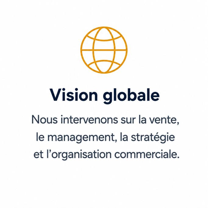 Vision globale commerciale Pictogramme globe représentant une vision globale de la vente, du management, de la stratégie et de l’organisation commerciale