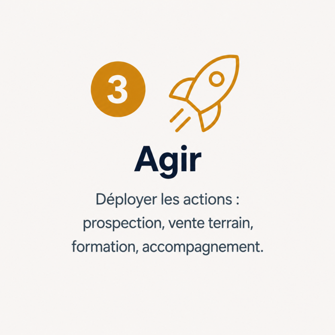 Agir et déployer les actions commerciales Pictogramme fusée représentant le déploiement des actions commerciales comme la prospection, la vente terrain, la formation et l’accompagnem